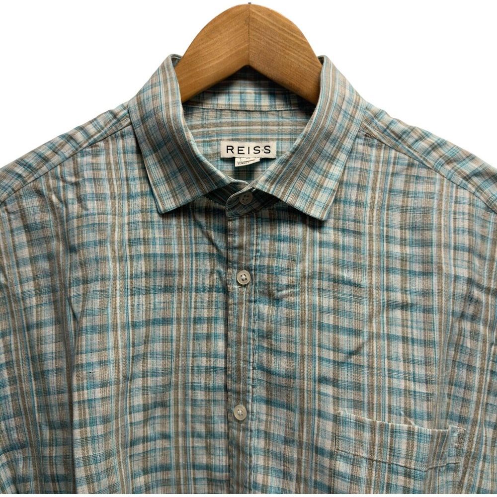 Reiss‎ Men's Size XL Button Front Green/Tan Plaid Linen/Cotton Long Sleeve Shirt